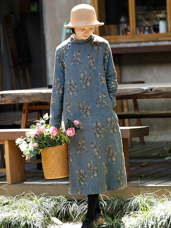 Vintage Loose Printed Keep Warm Velvet Midi Dress Long Cheongsam