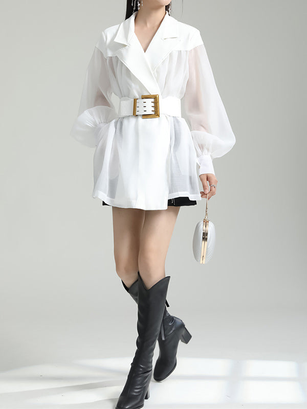 Belted See-Through Puff Sleeves Loose Lapel Blouses&shirts Tops
