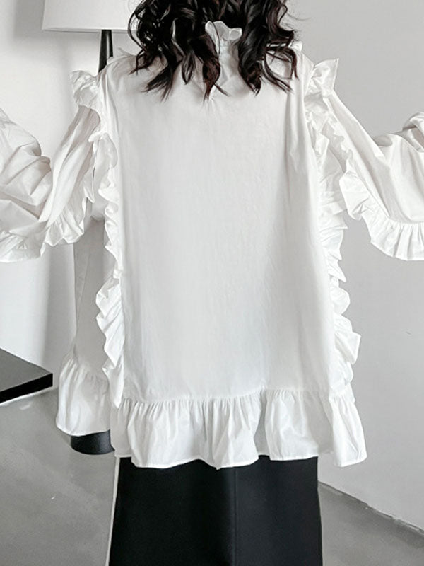 Buttoned Ruffled Solid Color Long Sleeves Loose Stand Collar Blouses&Shirts Tops
