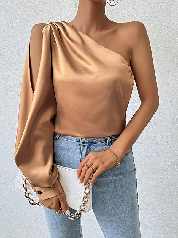 Hollow Pleated Solid Color Loose Puff Sleeves One-shoulder Blouses