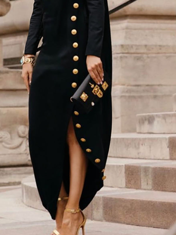 Asymmetric Buttoned Split-Joint Split-Side Long Sleeves Loose Mock Neck Maxi Dresses