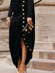 Asymmetric Buttoned Split-Joint Split-Side Long Sleeves Loose Mock Neck Maxi Dresses
