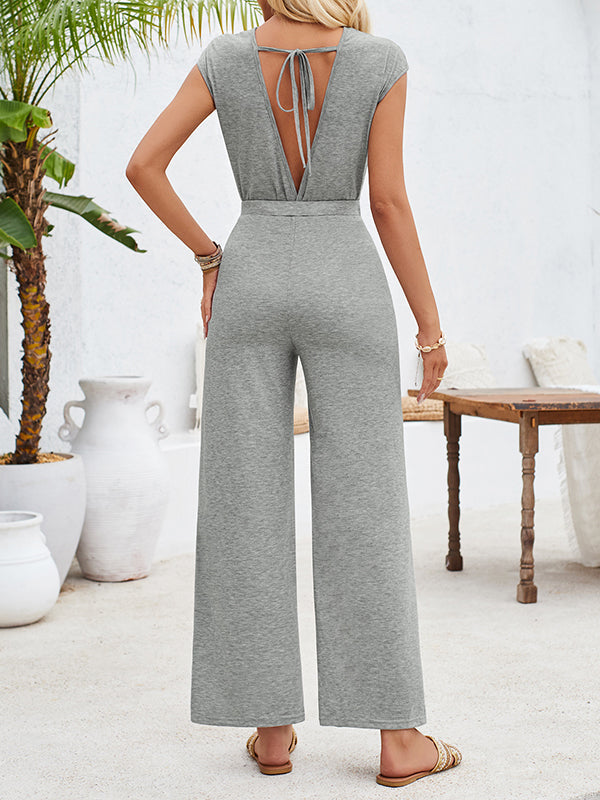 Backless Hollow Knot Solid Color Tied High Waisted Sleeveless Round-Neck Jumpsuits