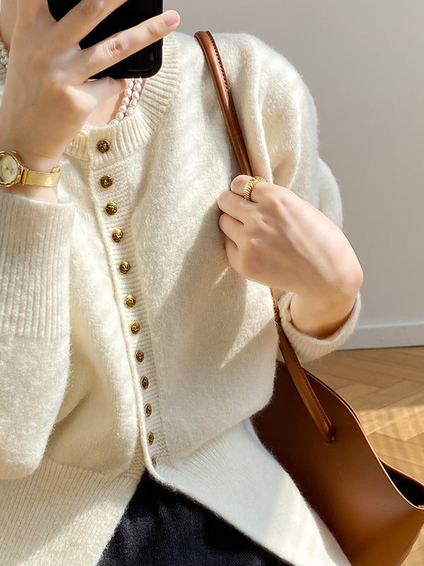 Elegant Long Sleeves Solid Color Round-Neck Cardigan Tops