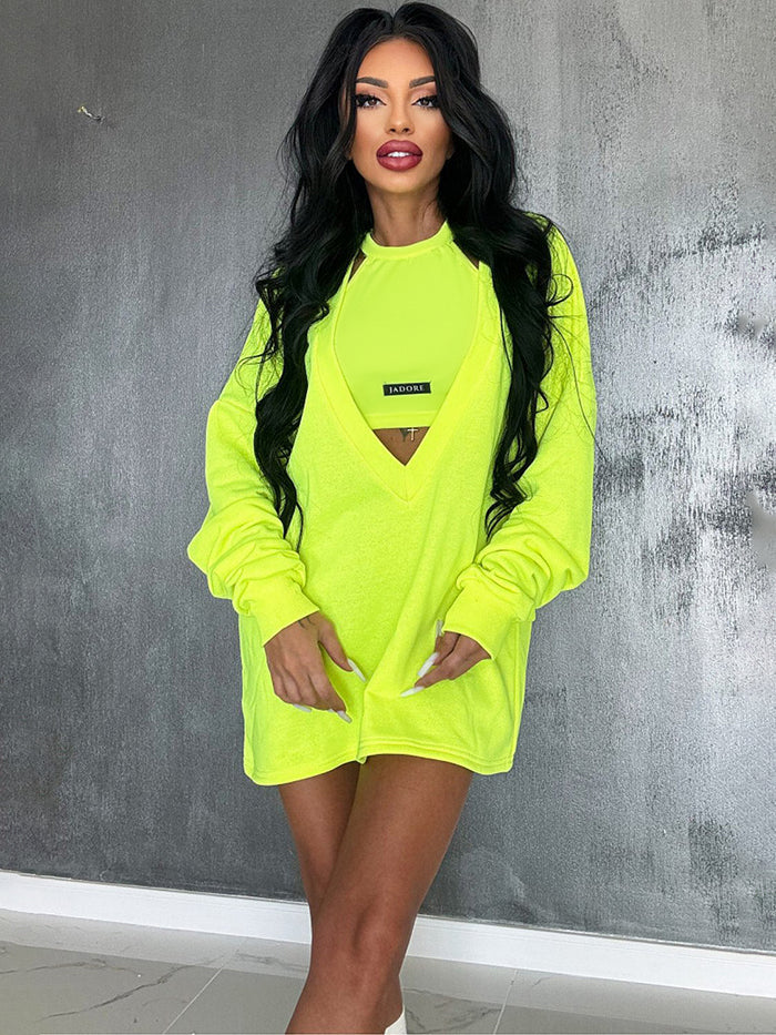 Loose Solid Color Round-neck Mini Dresses & Vest Top Two Pieces Set