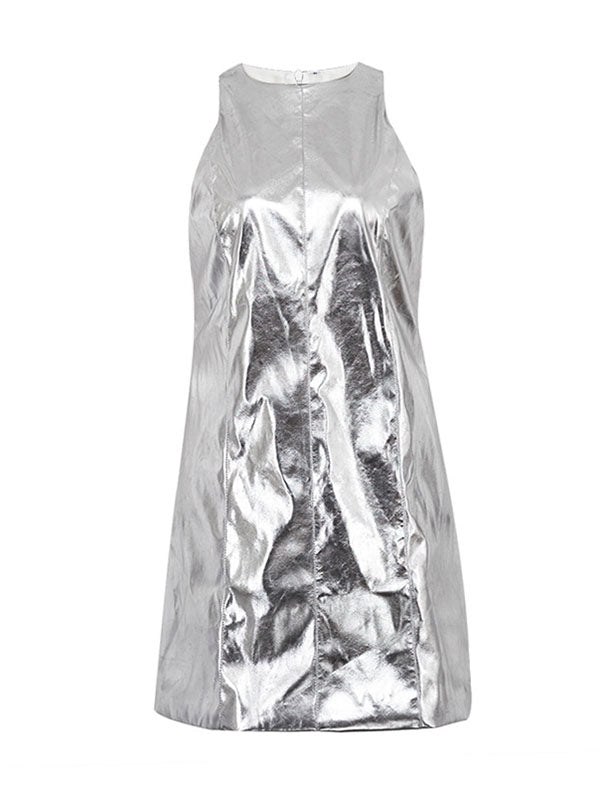 Shiny Solid Color Zipper A-line Loose Round-neck Mini Dresses