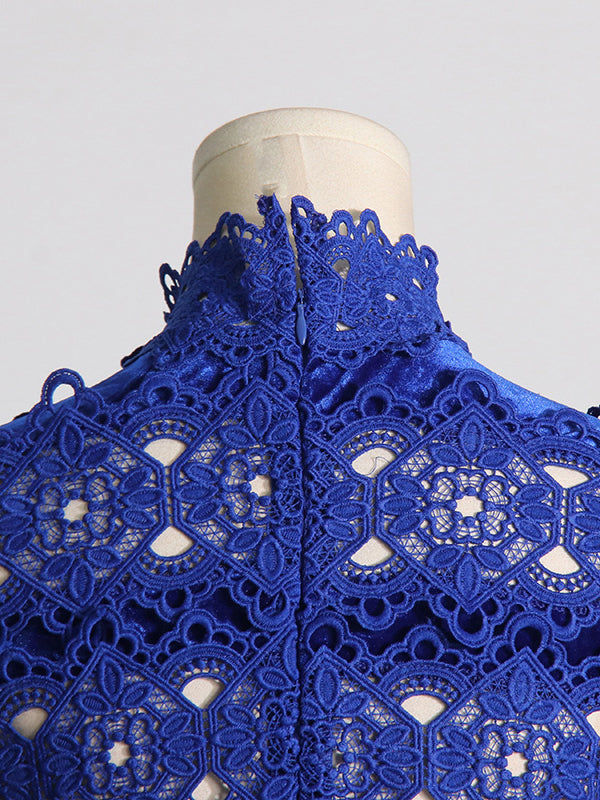 Embroidered Hollow Solid Color Split-Joint Half Sleeves High Waisted High Neck Maxi Dresses