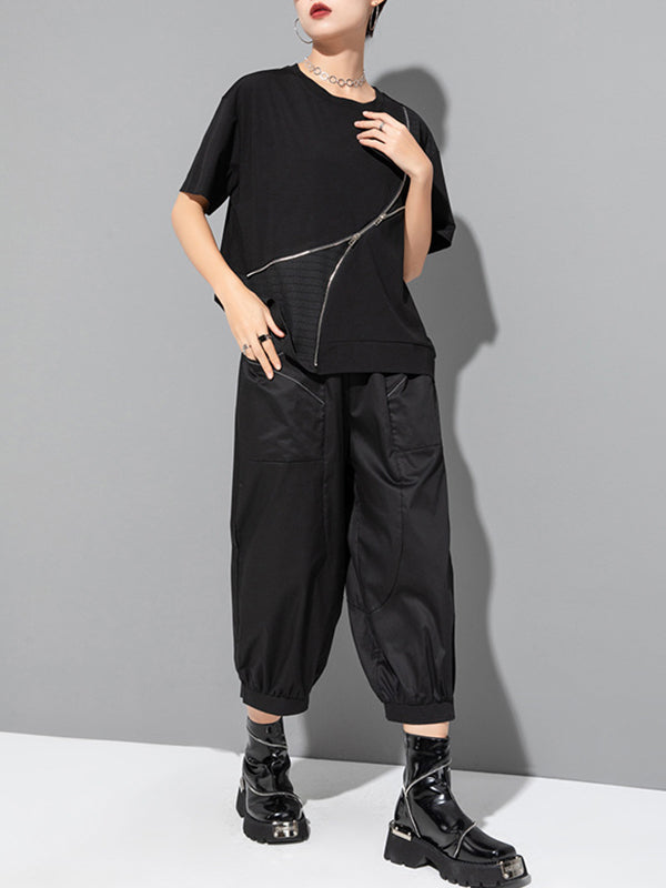 Asymmetric Split-Joint Zipper Loose Short Sleeves Round-neck T-Shirts Tops