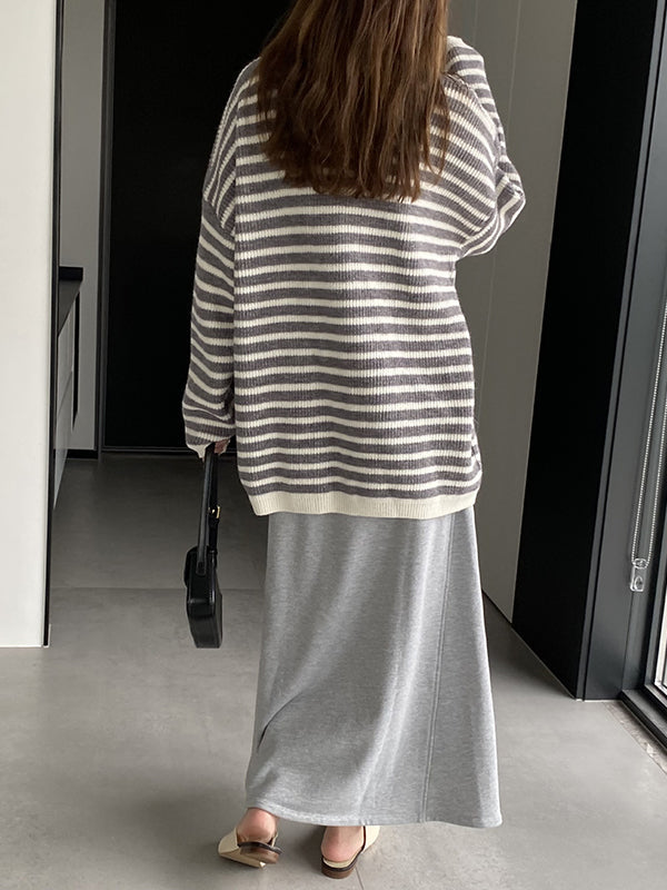 Striped Long Sleeves Loose High-Neck Sweater Pullovers Knitwear