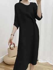 Pleated Solid Color Half Sleeves Irregular Clipping Round-Neck Midi Dresses