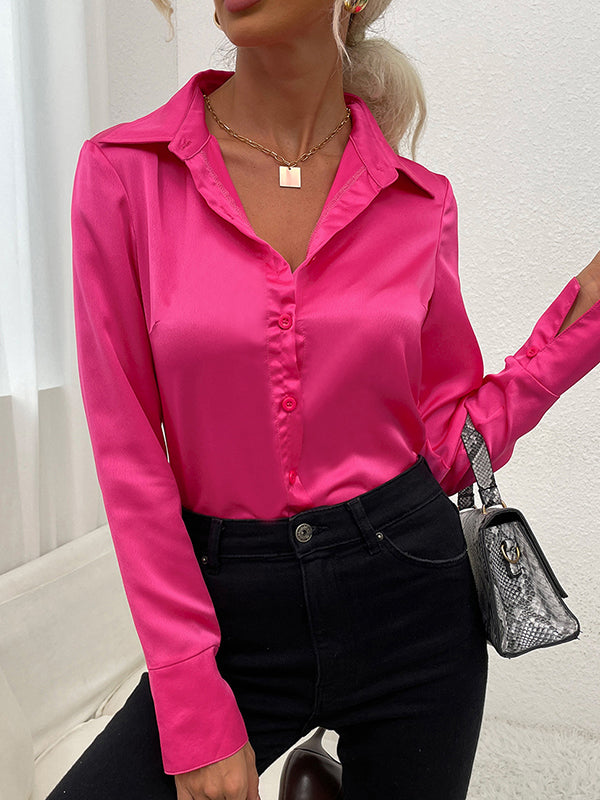Buttoned Solid Color Long Sleeves Loose Lapel Blouses&Shirts Tops