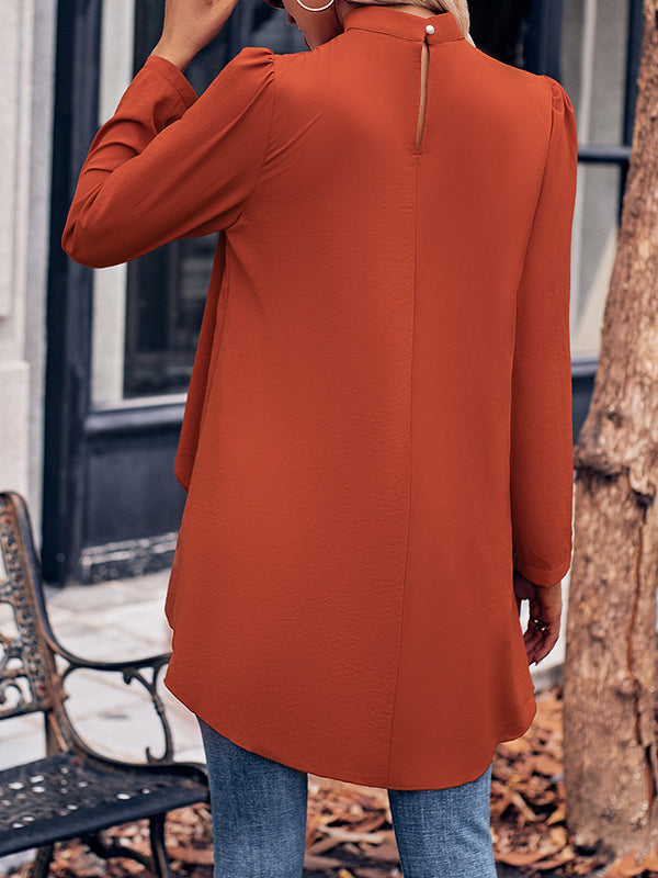 Solid Color Split-Joint False Two High-Low Mock Neck Blouses&Shirts Tops