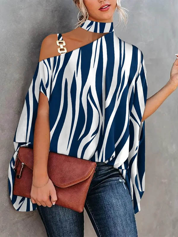 Asymmetric Chains Striped Batwing Sleeves Loose Asymmetric Collar T-Shirts Tops