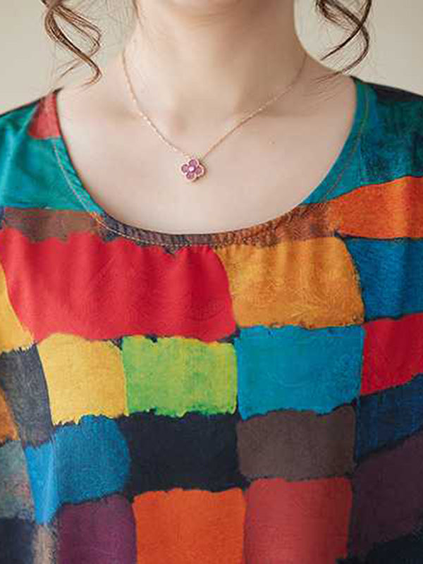 Contrast Color Multi-Colored Plaid Loose Sleeveless Round-Neck Midi Dresses