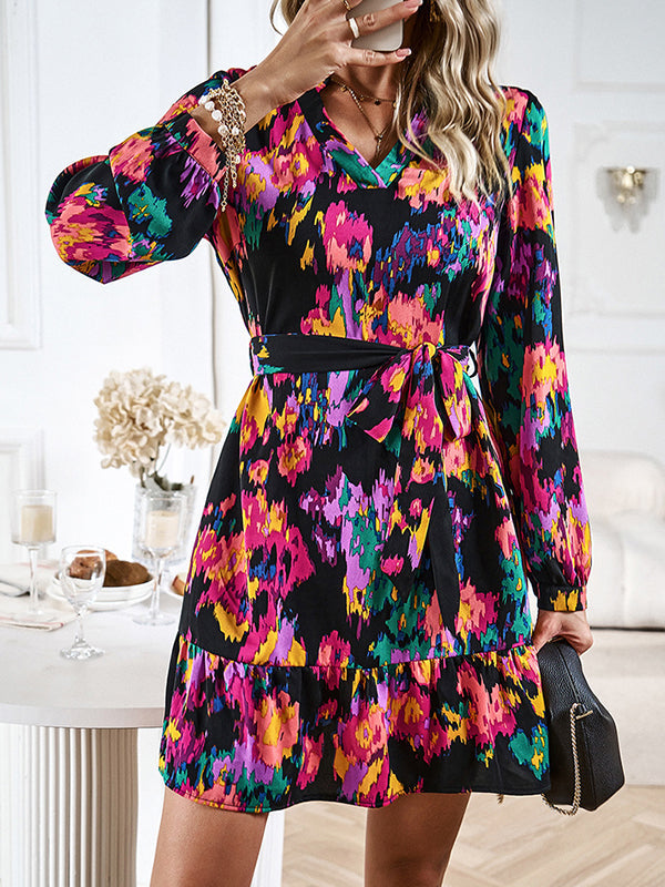 Printed Split-Joint Tied Waist Long Sleeves Loose V-Neck Mini Dresses