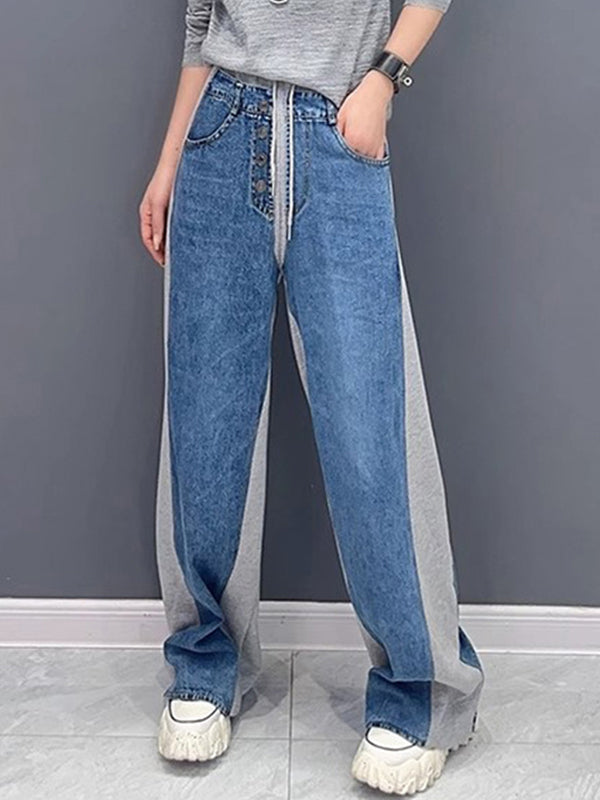 Buttoned Contrast Color Drawstring Elasticity Split-Joint Loose Straight Leg Trousers Pants