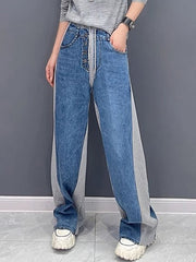 Buttoned Contrast Color Drawstring Elasticity Split-Joint Loose Straight Leg Trousers Pants