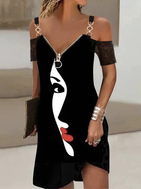 Figure Printed Zipper Irregularity Cold shoulder Mini Dresses