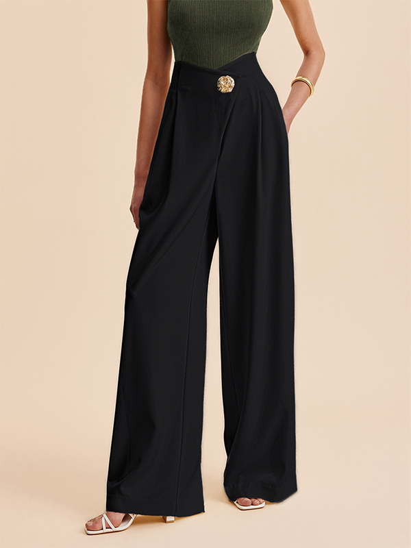 High Waisted Loose Buttoned Pleated Solid Color Pants Trousers