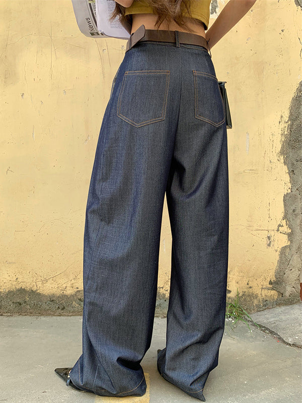 High-Waisted Pleated Solid Color Loose Wide Leg Trousers Pants