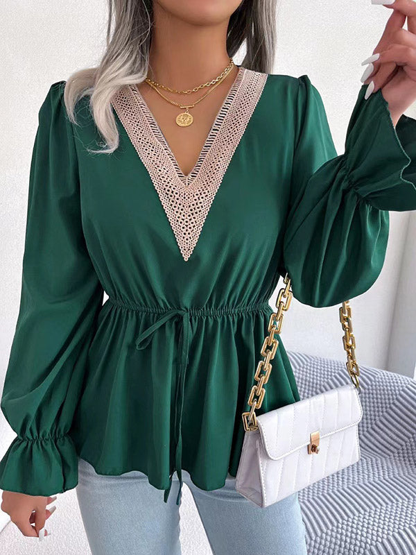 Drawstring Elasticity Split-Joint Flared Sleeves Long Sleeves V-Neck Blouses&Shirts Tops
