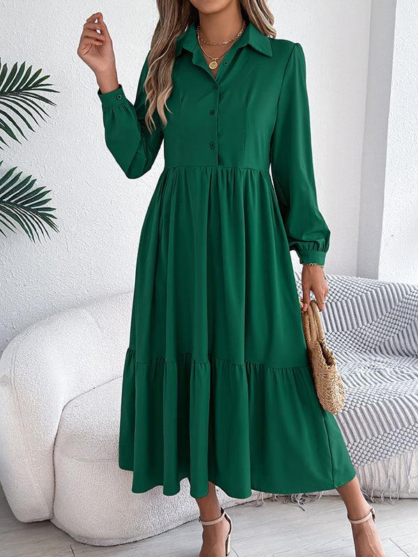 Pleated Ruffled Solid Color High Waisted Long Sleeves Lapel Shirt Dress Midi Dresses