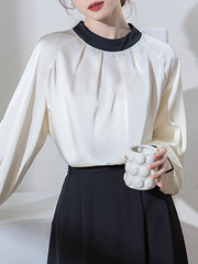Contrast Color Pleated Split-Joint Loose Puff Sleeves Stand Collar Blouses