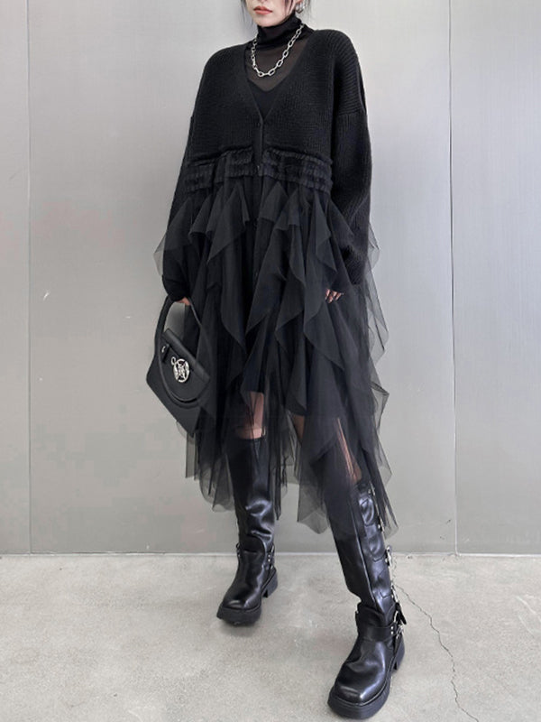 Buttoned Pleated Solid Color Split-Joint Tulle Velvet Long Sleeves Loose V-Neck Cardigan Tops