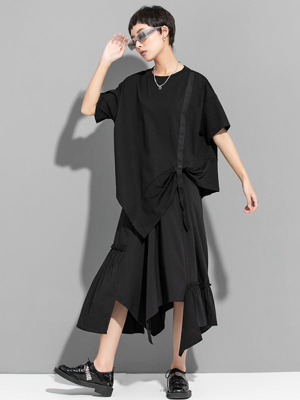 Urban Solid Color Asymmetric Round-Neck T-Shirt Top
