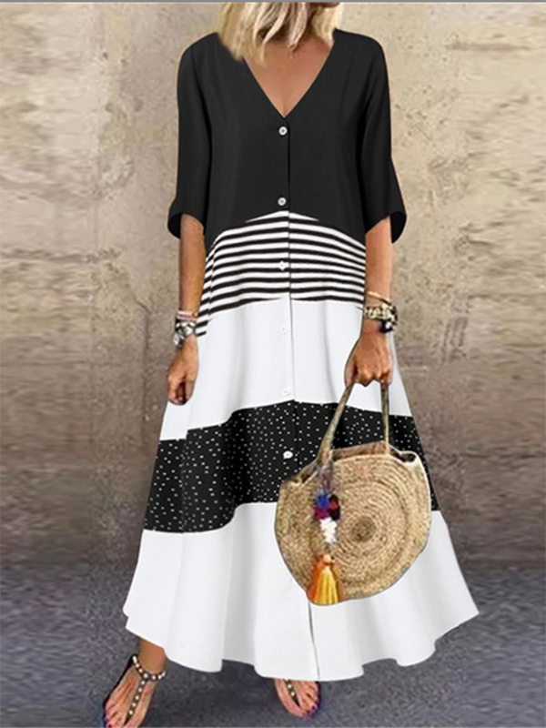 Original Creation Half Sleeves Loose Buttoned Contrast Color Striped V-Neck Maxi Dresses