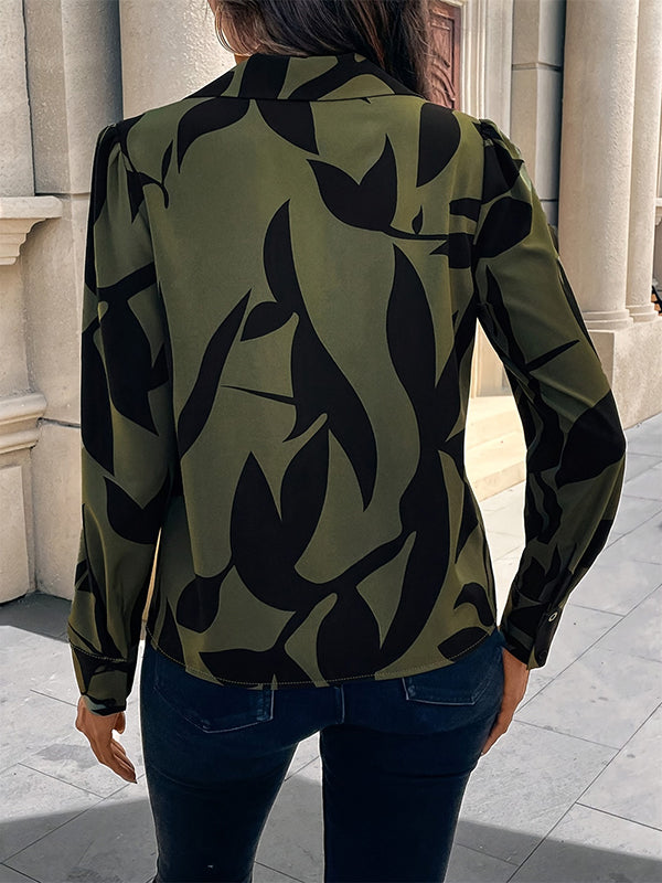 Buttoned Printed Long Sleeves Loose V-Neck Blouses&Shirts Tops