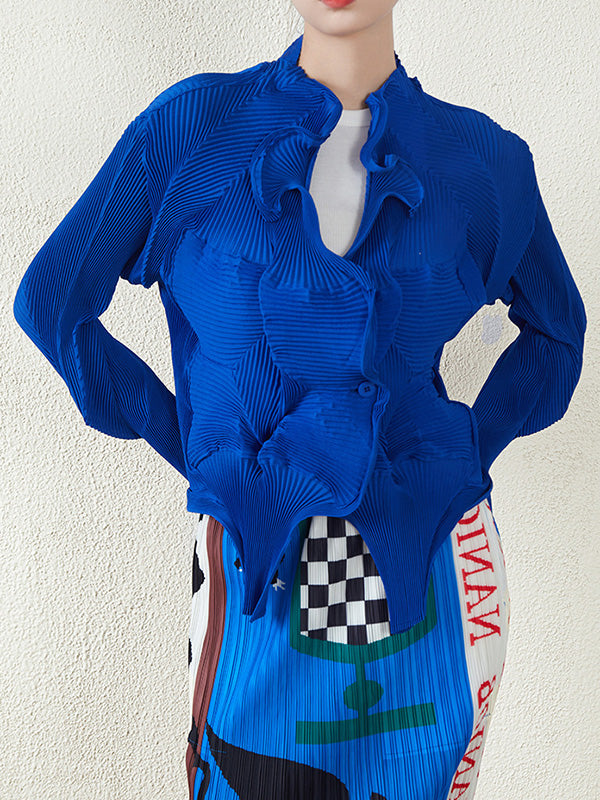 Original Creation Irregularity Long Sleeves Buttoned Pleated Solid Color Outerwear