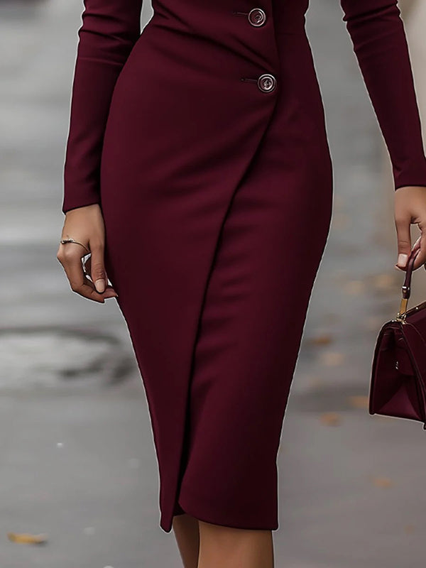 Buttoned Solid Color Bodycon High Waisted V-Neck Midi Dresses