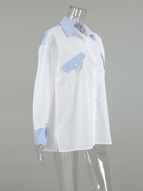 Buttoned Split-Joint Striped Long Sleeves Loose Lapel Blouses&Shirts Tops