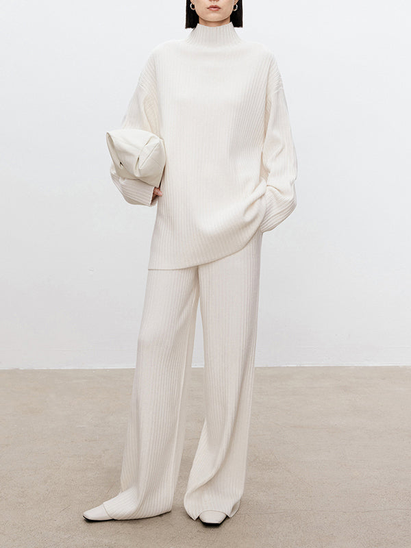 Solid Color Long Sleeves High-Neck Sweater Top + Wide Leg Pants Bottom Two Pieces Set