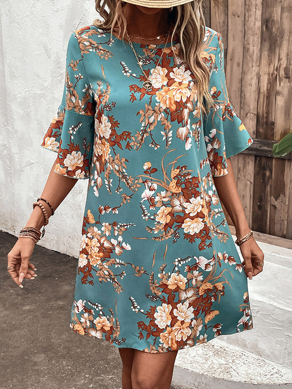 Flower Print Hollow Half Sleeves Loose Round-Neck Mini Dresses