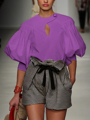 Buttoned Elasticity Hollow Pleated Solid Color Split-Joint Half Sleeves Loose Round-Neck Blouses&Shirts Tops
