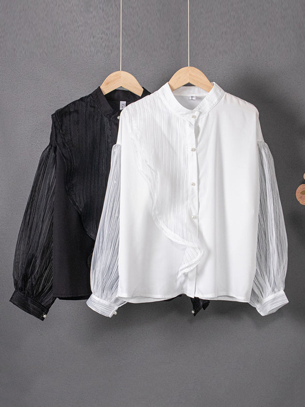 Asymmetric Buttoned See-Through Solid Color Split-Joint Long Sleeves Loose Stand Collar Blouses&shirts Tops
