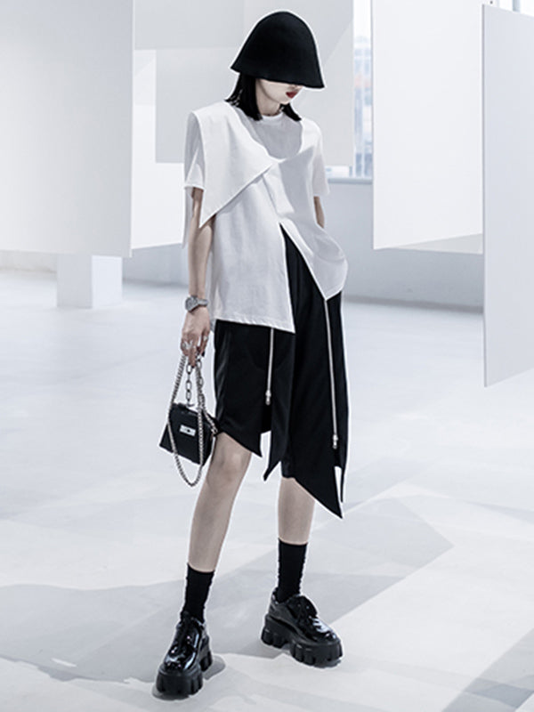 Urban Asymmetric Split-Front Solid Color Short Sleeves T-Shirt Top