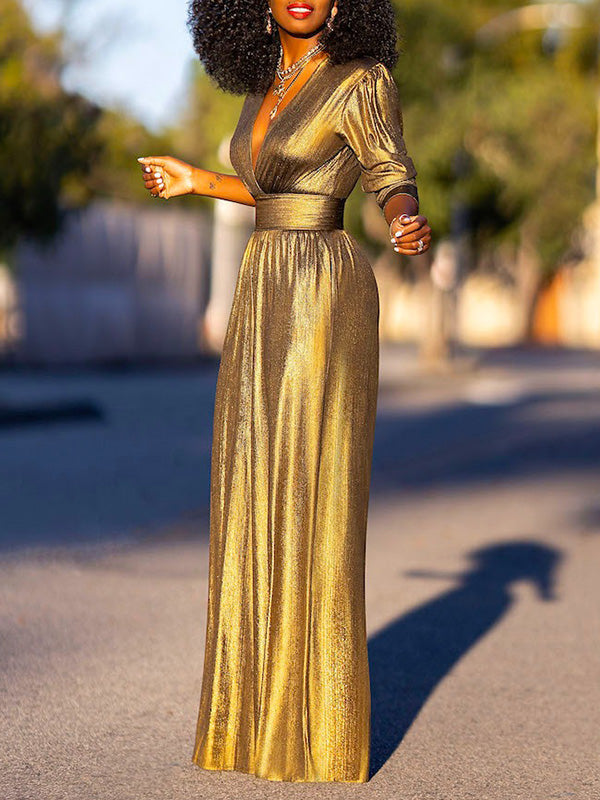 Shiny High Waisted Three-Quarter Sleeves Deep V-Neck Jumpsuits