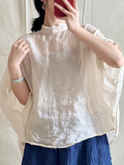 Lace-Up See-Through Solid Color Batwing Sleeves Loose Stand Collar Shirts Tops
