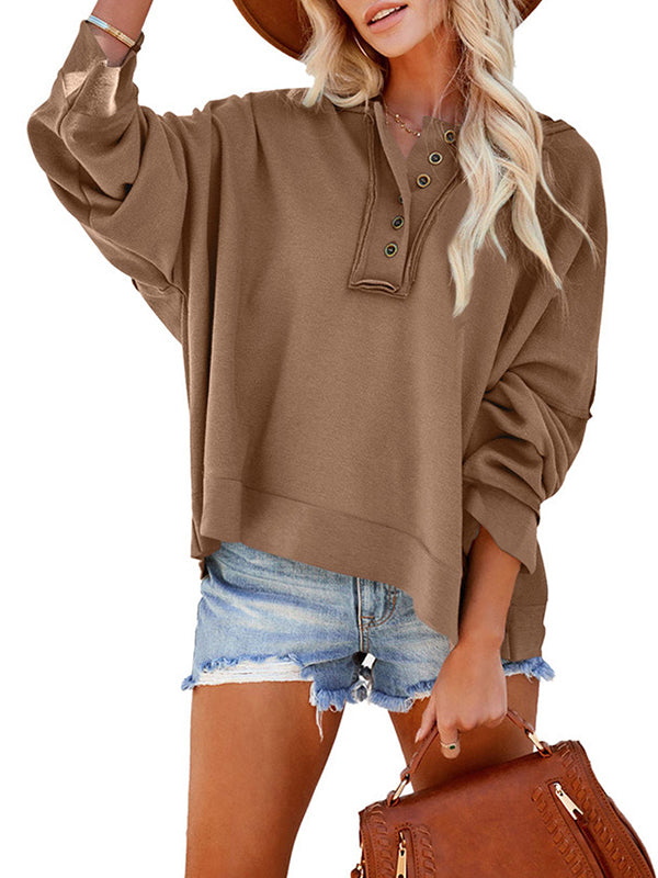 Buttoned Split-Joint Velvet Hooded Long Sleeves Sweatshirt Tops