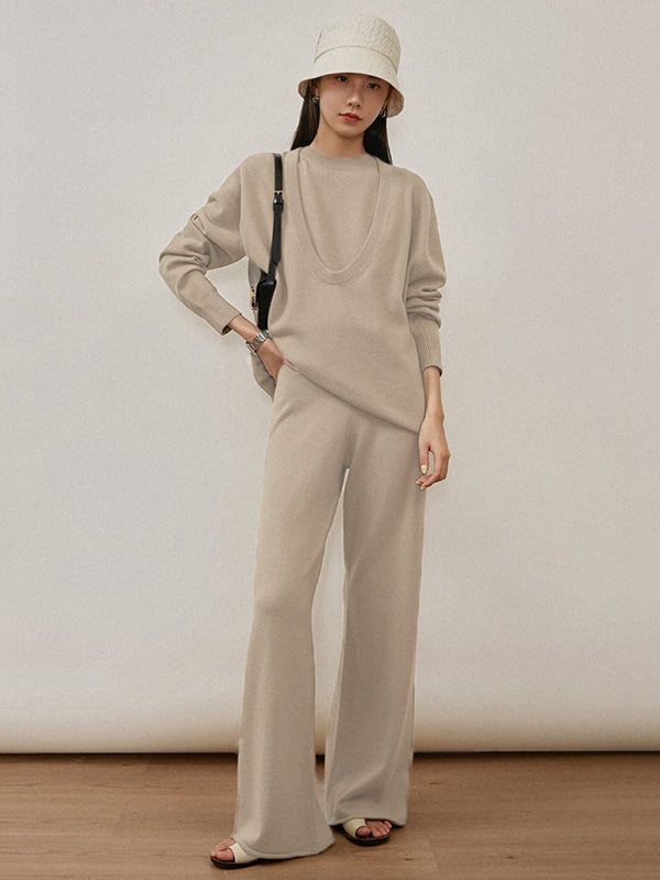 Urban Loose Solid Round-Neck Vest Top& V-Neck Sweater Tops& Wide Leg Pants Three-Piece Set
