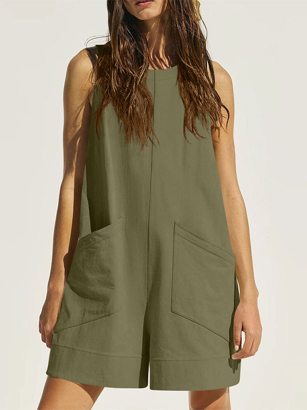 Pockets Solid Color Loose Sleeveless Round-Neck Rompers