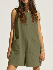 Pockets Solid Color Loose Sleeveless Round-Neck Rompers