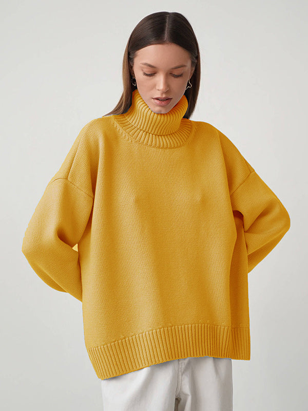Casual Long Sleeves Loose Solid Color High-Neck Sweater Tops