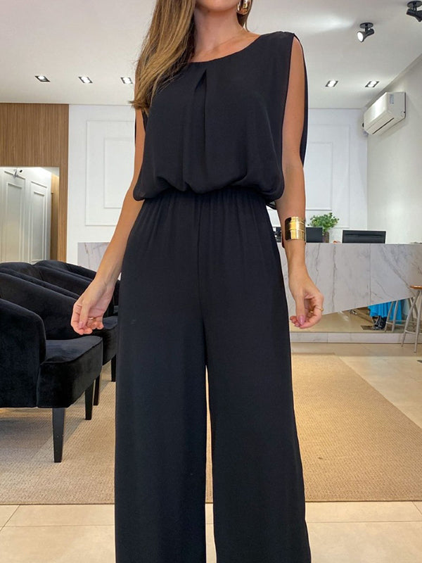 Backless Elasticity Pleated Solid Color Split-Joint High Waisted Sleeveless Jumpsuits