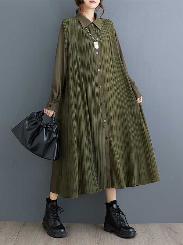 Buttoned Pleated Pockets Split-Joint A-Line Long Sleeves Lapel Shirt Dress Midi Dresses