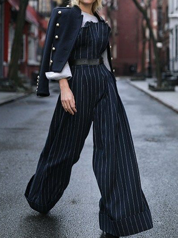 Split-Joint Striped Patterns Tied Waist Loose Wide Leg Jumpsuits