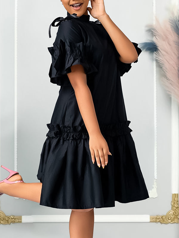 Pleated Solid Color Split-Joint Zipper A-Line Half Sleeves Mock Neck Midi Dresses
